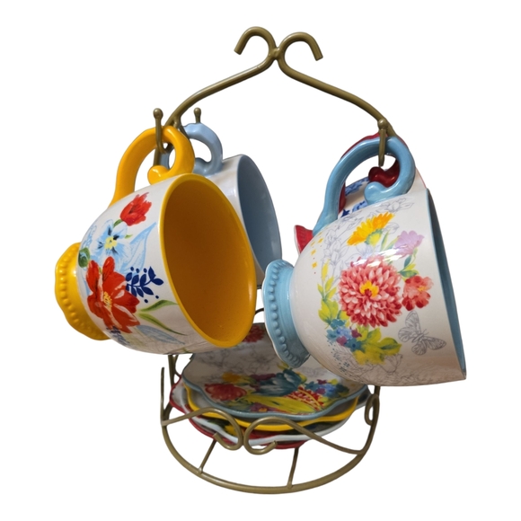 The Pioneer Woman Floral Mug Set with Stand - Yellow, Blue, Red - Picture 1 of 7